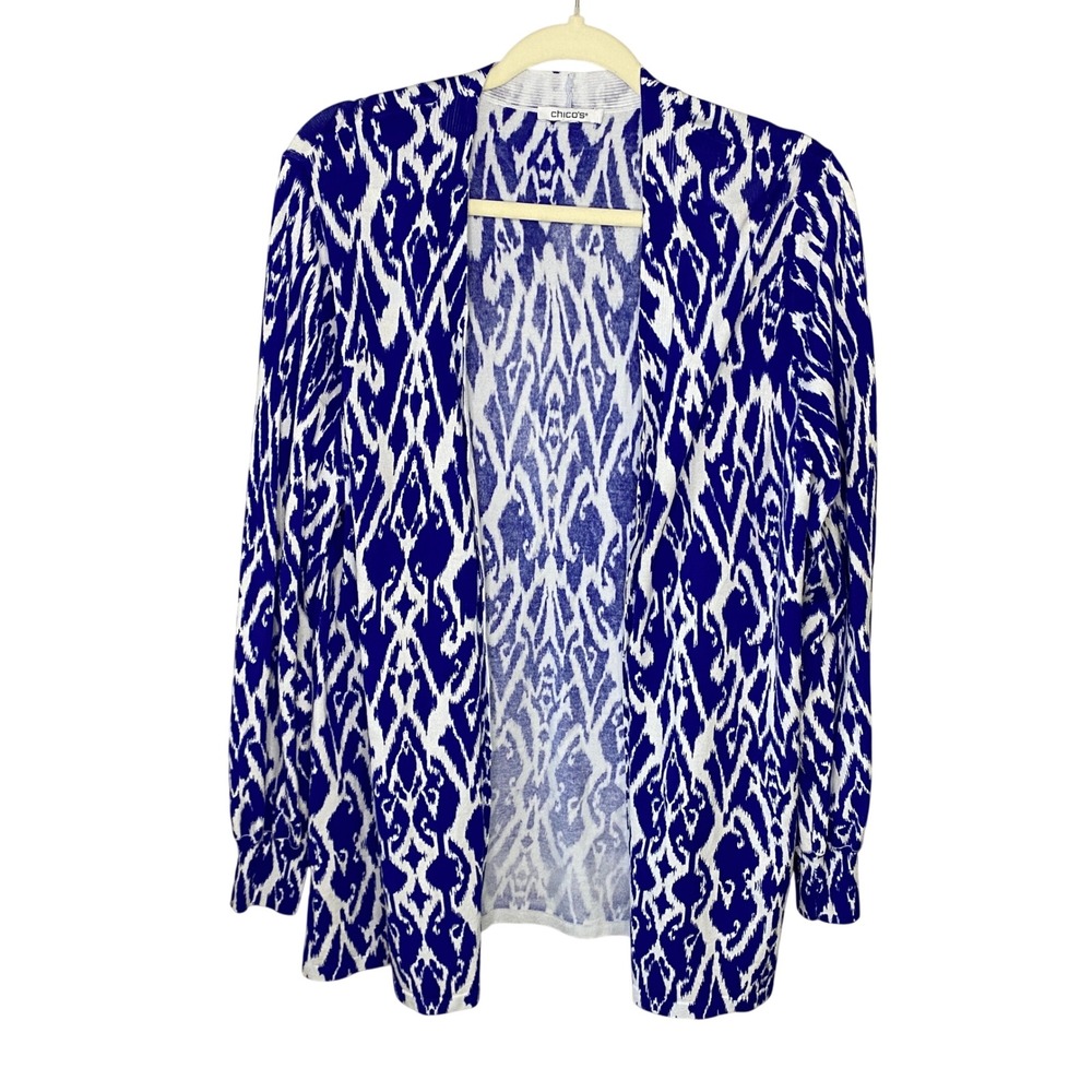 Chicos Blue White Ikat Open Front Cardigan Knit Sweater Long‎ Sleeve Size M